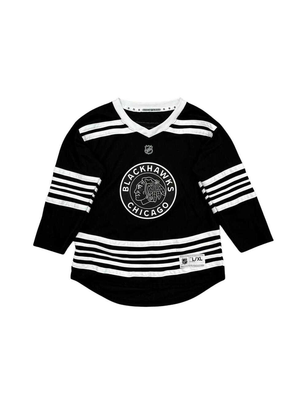 Chicago Blackhawks NHL Womens Hockey Jersey Large Black Striped Logo Shirt